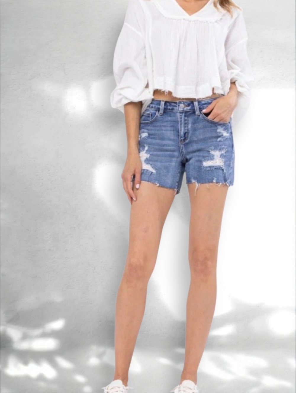 JUDY BLUE WhiteEyelet Lace Patch Classic High-Rise Distressed Denim Shorts  Blue